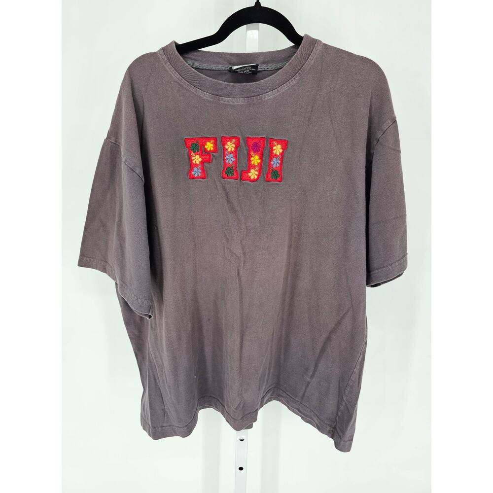 Vtg 1990s Fiji Womens Sz XXL Short Sleeve T Shirt Taupe Floral Embroidered